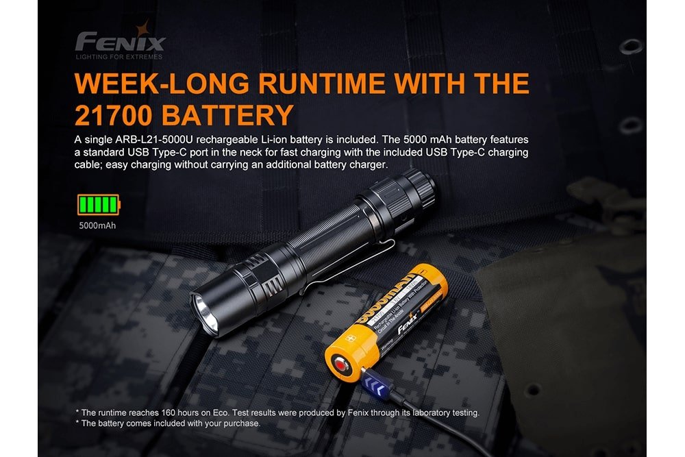 Fenix PD36 TAC tactical flashlight with black body beside orange 5000mAh Li-ion battery on Tampa Home & Garden Store
