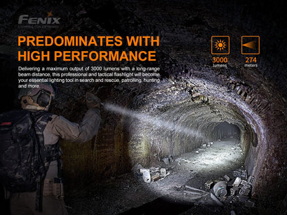 Fenix PD36 TAC Tactical Flashlight lit by a wearer in camo gear inside a tunnel, 3000 lumens on Tampa Home & Garden Store