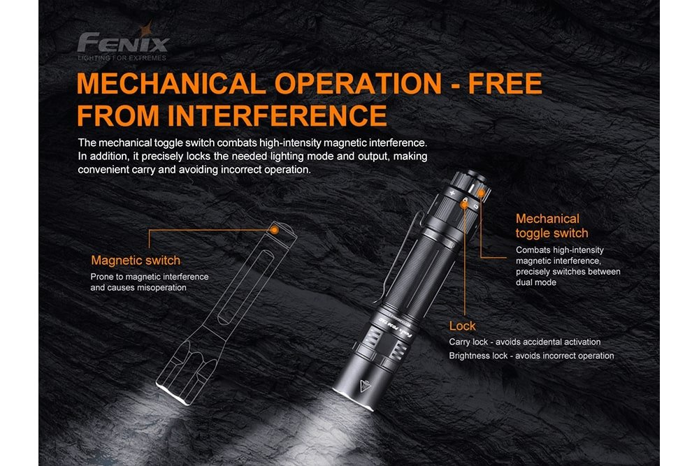 Fenix PD36 TAC tactical flashlight, black body with magnetic and mechanical toggle switches on Tampa Home & Garden Store