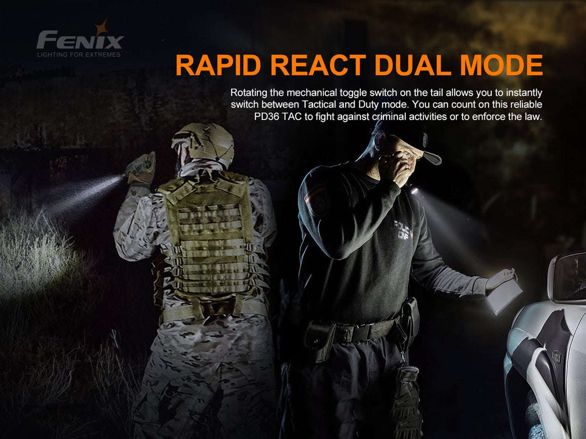 Fenix PD36 TAC Tactical Flashlight 3000 lumens on a promotional banner with tactical gear on Tampa Home & Garden Store