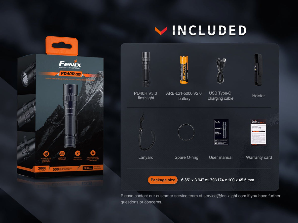 Fenix PD40R V3 rechargeable tactical flashlight in black with included ARB-L21-5000 battery on Tampa Home & Garden Store