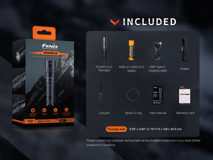 Fenix PD40R V3 rechargeable tactical flashlight in black with included ARB-L21-5000 battery on Tampa Home & Garden Store