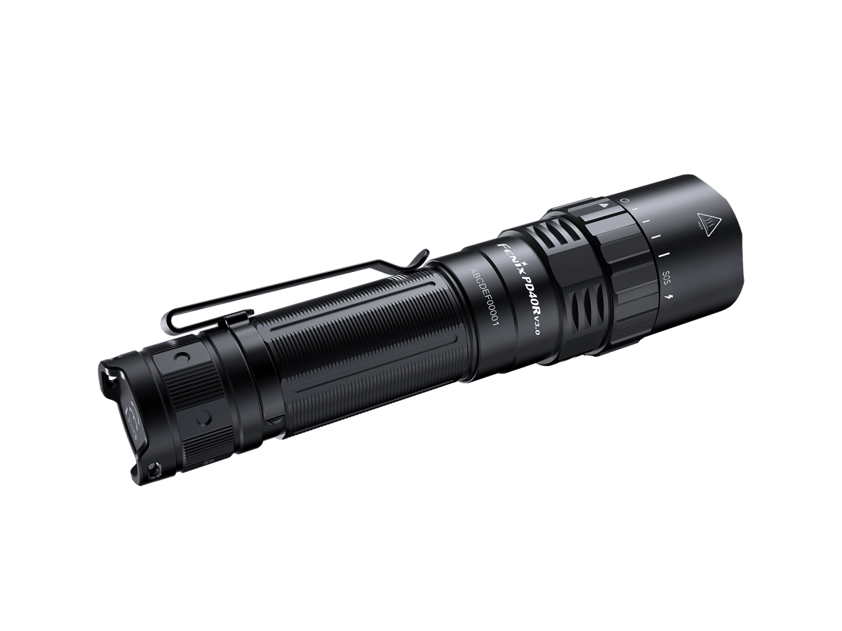 Fenix PD40R V3 rechargeable tactical flashlight in black with grooved grip and metal clip on Tampa Home & Garden Store