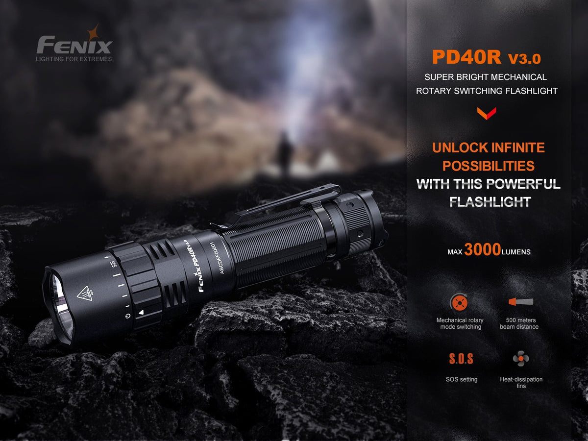 Fenix PD40R V3 Rechargeable Tactical Flashlight with textured grip and clip on rocky surface on Tampa Home & Garden Store