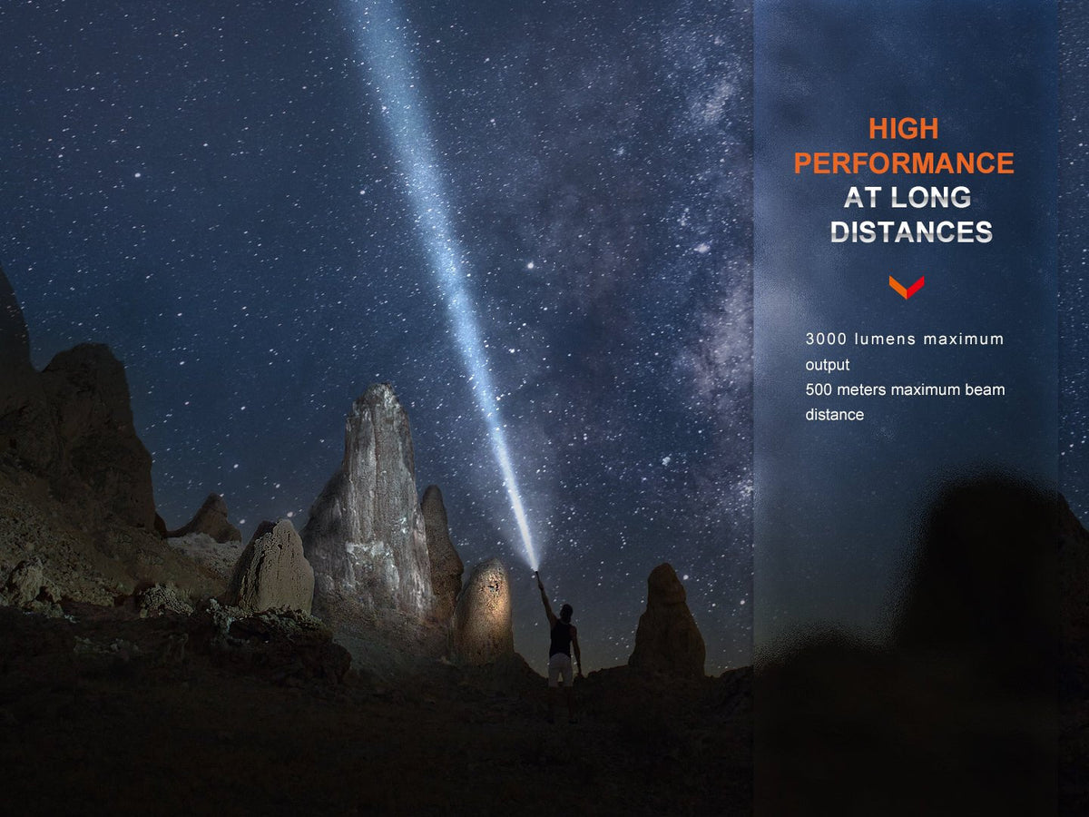 Fenix PD40R V3 rechargeable flashlight beams across a starry rocky night on Tampa Home & Garden Store