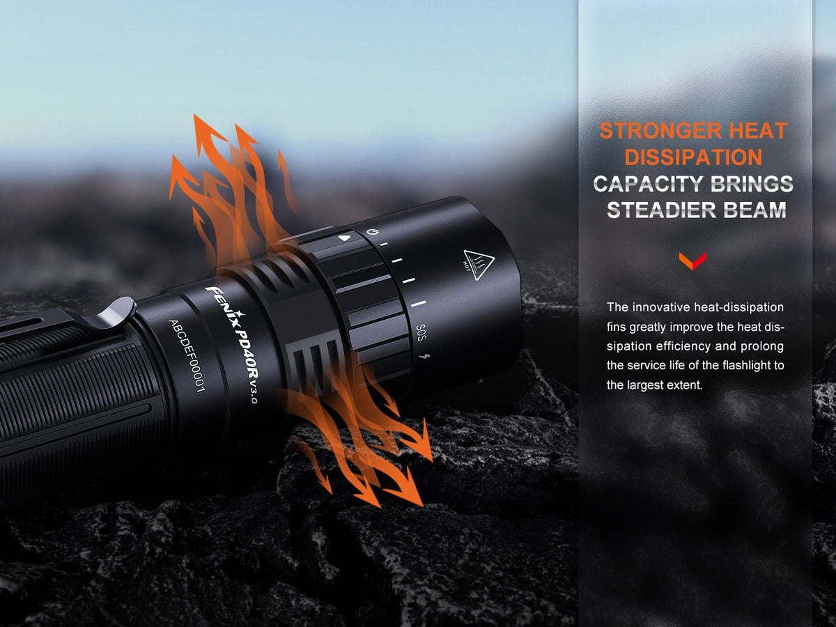Fenix PD40R V3 rechargeable tactical flashlight in black on rocky surface on Tampa Home & Garden Store
