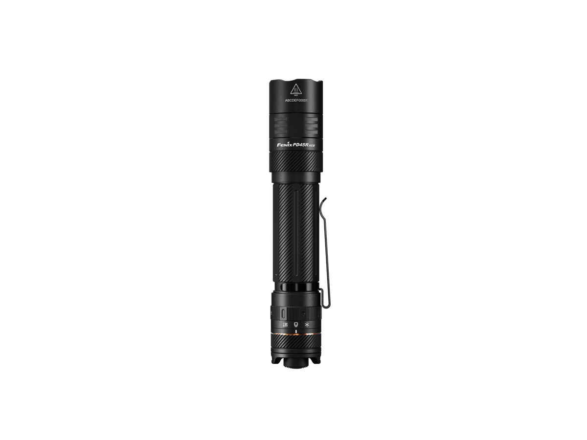 Fenix PD45R ACE tactical flashlight with black knurled grip and pocket clip on Tampa Home & Garden Store