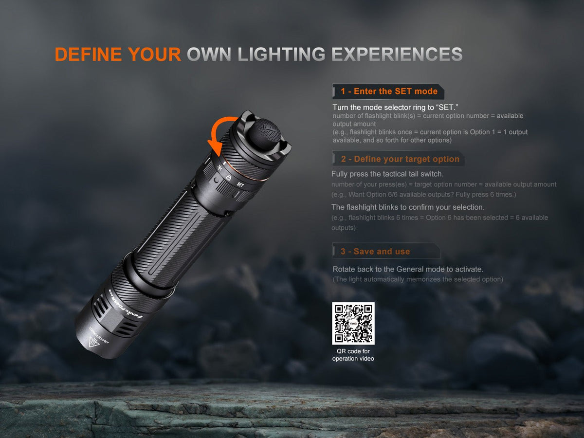 Fenix PD45R ACE tactical flashlight in black aluminum with knurled grip and SET mode ring on Tampa Home & Garden Store