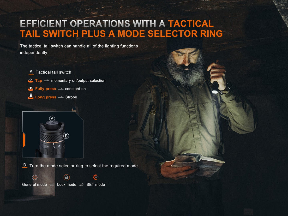 Fenix PD45R ACE Tactical Flashlight black body with mode selector ring; tail switch inset on Tampa Home & Garden Store