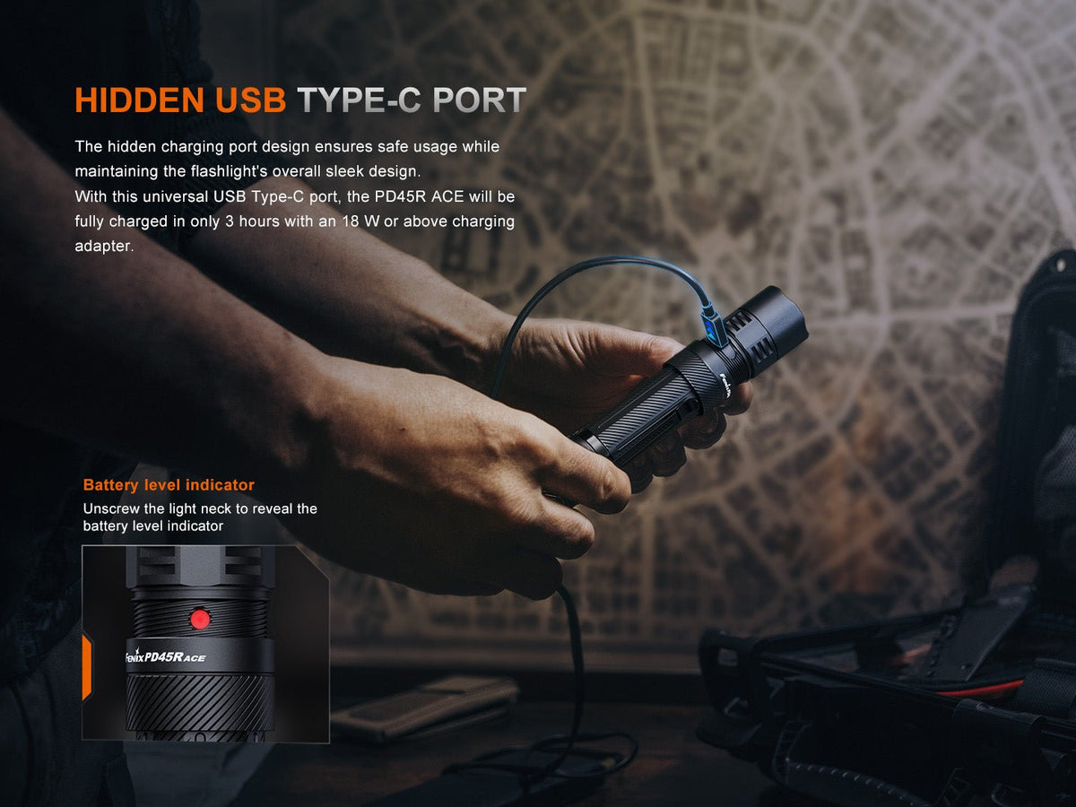 Fenix PD45R ACE tactical flashlight with USB-C charging cable and battery indicator inset on Tampa Home & Garden Store