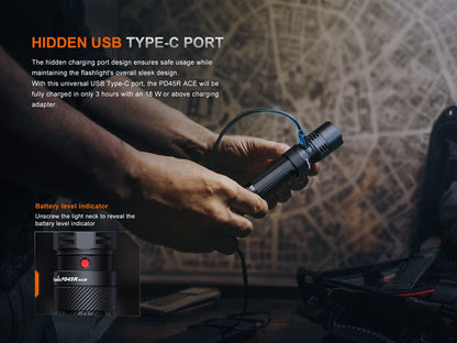 Fenix PD45R ACE tactical flashlight with USB-C charging cable and battery indicator inset on Tampa Home & Garden Store