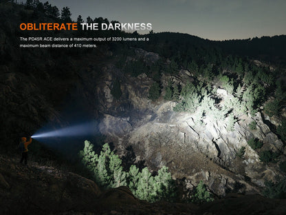 Fenix PD45R ACE Multi-Mode Tactical Flashlight in use by orange-clad hiker; beam lights canyon on Tampa Home & Garden Store