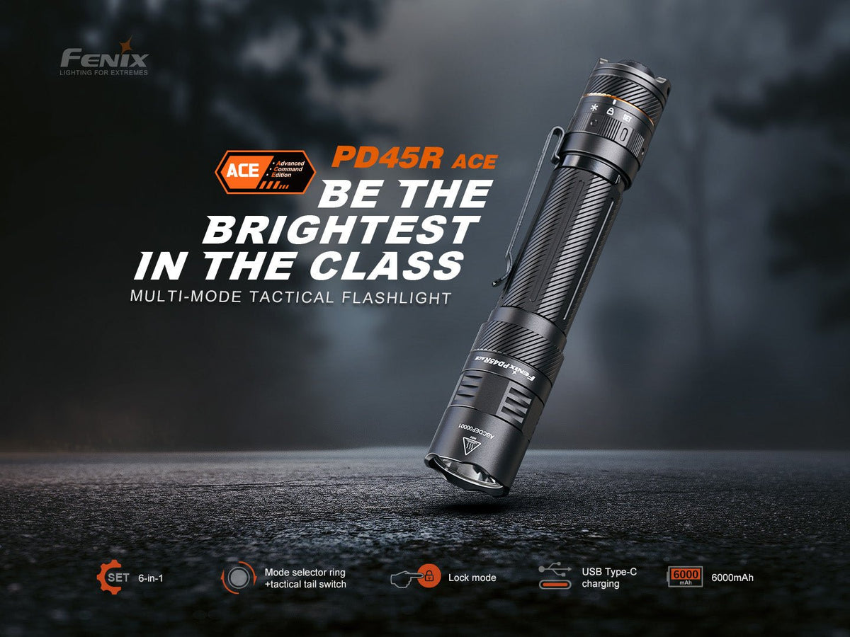 Fenix PD45R ACE multi-mode tactical flashlight with black aluminum body and side clip on Tampa Home & Garden Store