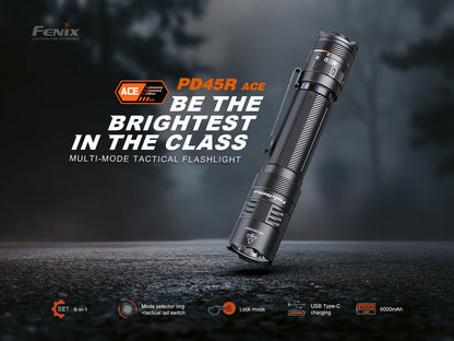 Fenix PD45R ACE multi-mode tactical flashlight with black aluminum body and side clip on Tampa Home & Garden Store