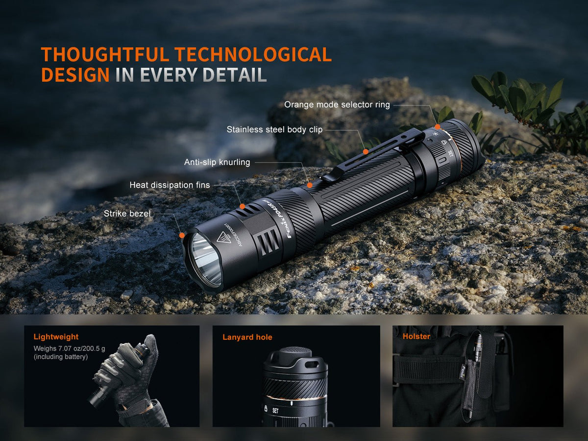 Fenix PD45R ACE tactical flashlight, black aluminum body with orange mode selector on Tampa Home & Garden Store