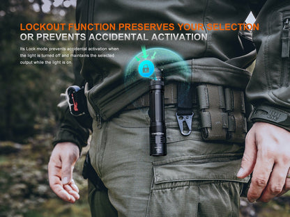 Fenix PD45R ACE tactical flashlight with black aluminum body clipped to a tactical belt on Tampa Home & Garden Store