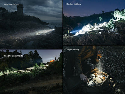 Fenix PD45R ACE Multi-Mode Tactical Flashlight in action across four outdoor scenes on Tampa Home & Garden Store