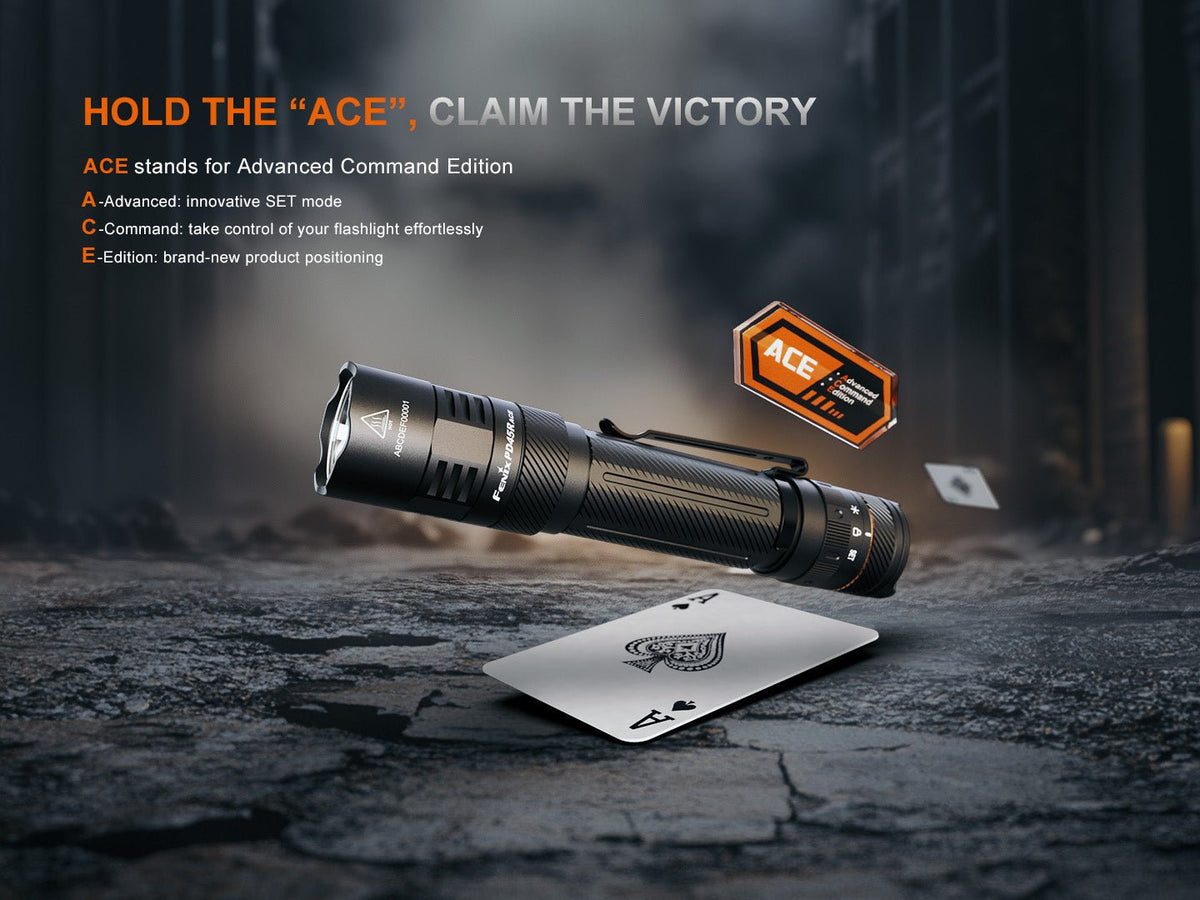 Fenix PD45R ACE Tactical Flashlight, black multi-mode light with ACE badge on Tampa Home & Garden Store