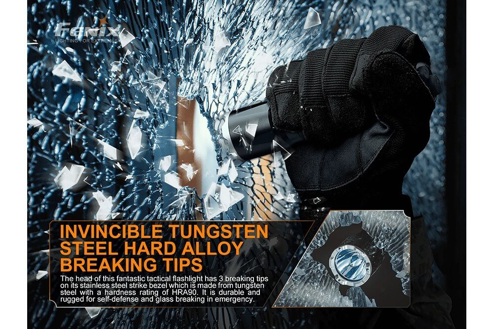 Fenix TK16 V2.0 tactical flashlight, black, tungsten steel breaking tips on bezel on Tampa Home & Garden Store