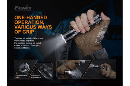 Fenix TK16 V2.0 Tactical Flashlight in gloved hand, 3100 lumens, grip options on Tampa Home & Garden Store