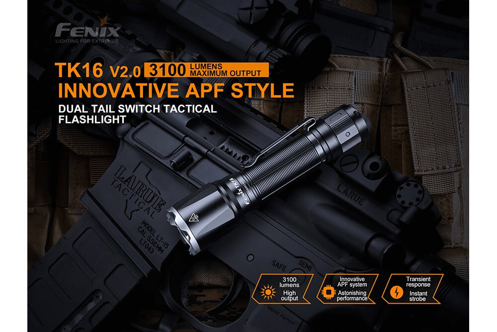 Fenix TK16 V2.0 Tactical Flashlight black, 3100 lumens, shown with a rifle and tactical gear on Tampa Home & Garden Store