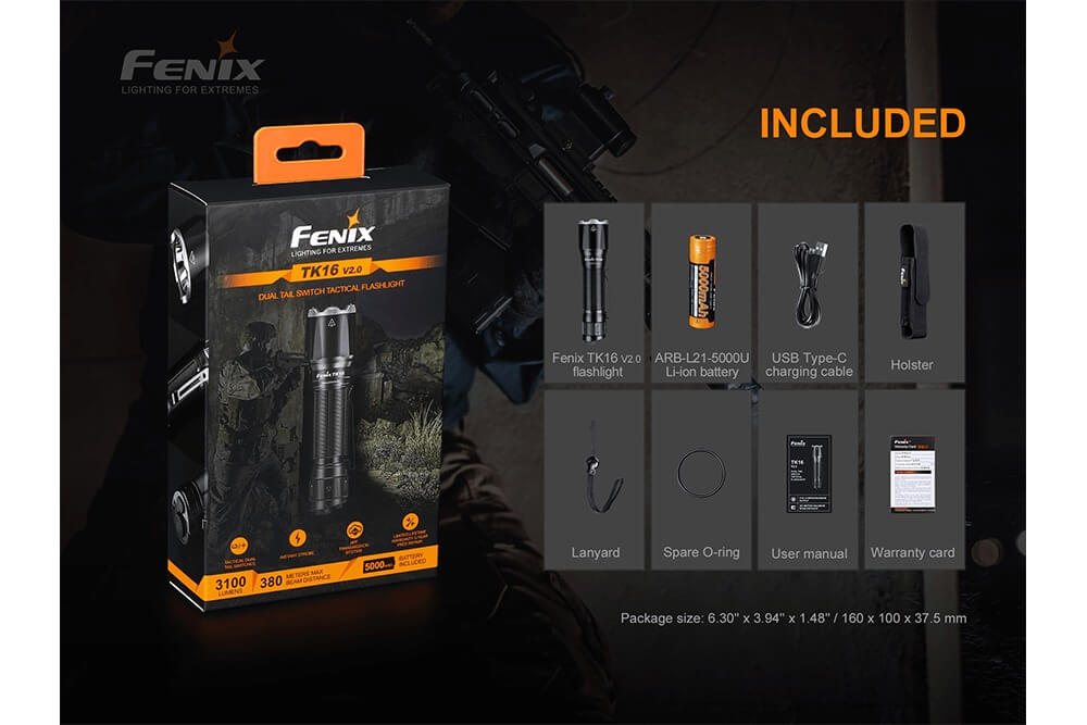 Fenix TK16 V2.0 tactical flashlight black packaging with included battery, USB-C cable, holster on Tampa Home & Garden Store