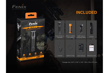 Fenix TK16 V2.0 tactical flashlight black packaging with included battery, USB-C cable, holster on Tampa Home & Garden Store