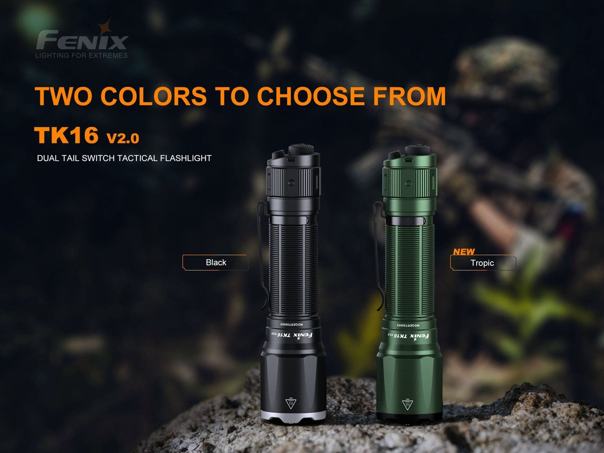 Fenix TK16 V2.0 tactical flashlight in black and Tropic green, 2 units with dual tail on Tampa Home & Garden Store