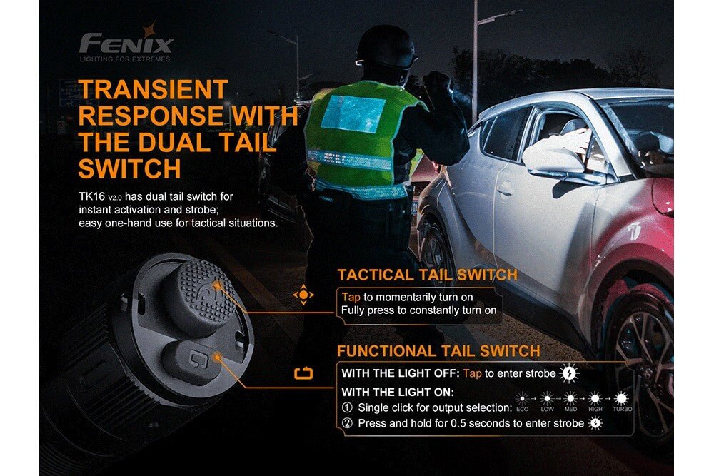 Fenix TK16 V2.0 Tactical Flashlight dual tail switch, 3100 lumens, Fenix logo on promo on Tampa Home & Garden Store