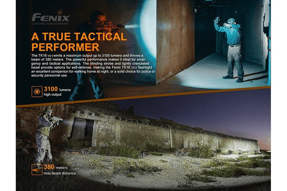 Fenix TK16 V2.0 Tactical Flashlight 3100 lumens shown in a two-panel ad on Tampa Home & Garden Store