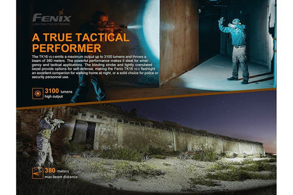 Fenix TK16 V2.0 Tactical Flashlight 3100 lumens shown in a two-panel ad on Tampa Home & Garden Store