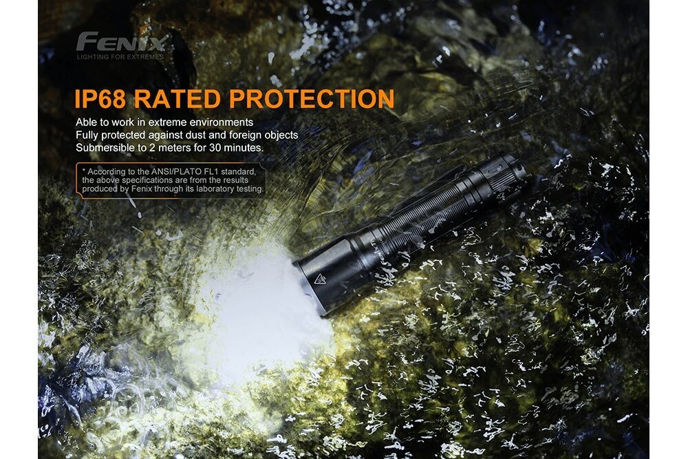 Fenix TK16 V2.0 Tactical Flashlight, black aluminum, IP68, 3100 lumens, in water on Tampa Home & Garden Store