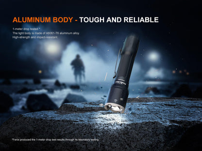 Fenix TK17 Dual Switch Tactical Flashlight handheld aluminum body black with clip at night on Tampa Home & Garden Store
