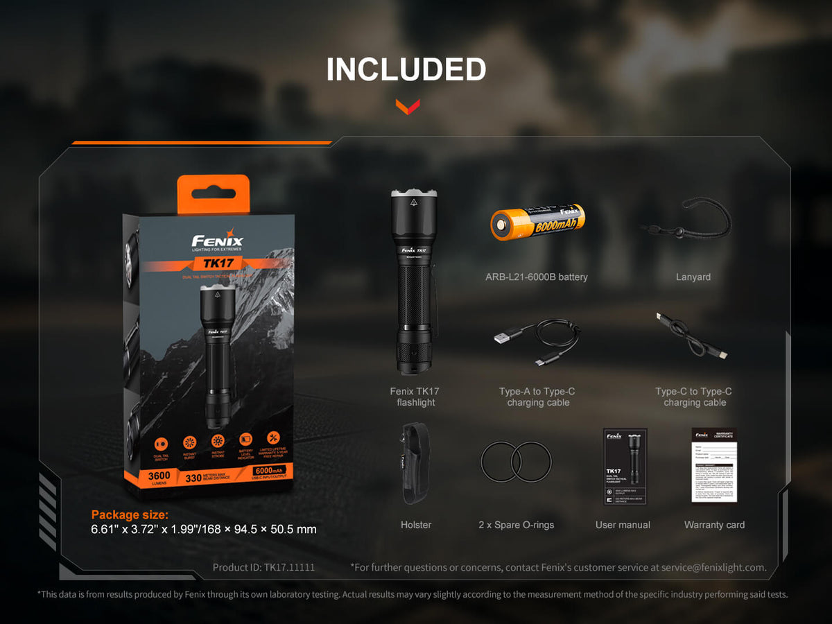 Fenix TK17 tactical flashlight with 6000mAh ARB-L21 battery, USB cables, lanyard on Tampa Home & Garden Store