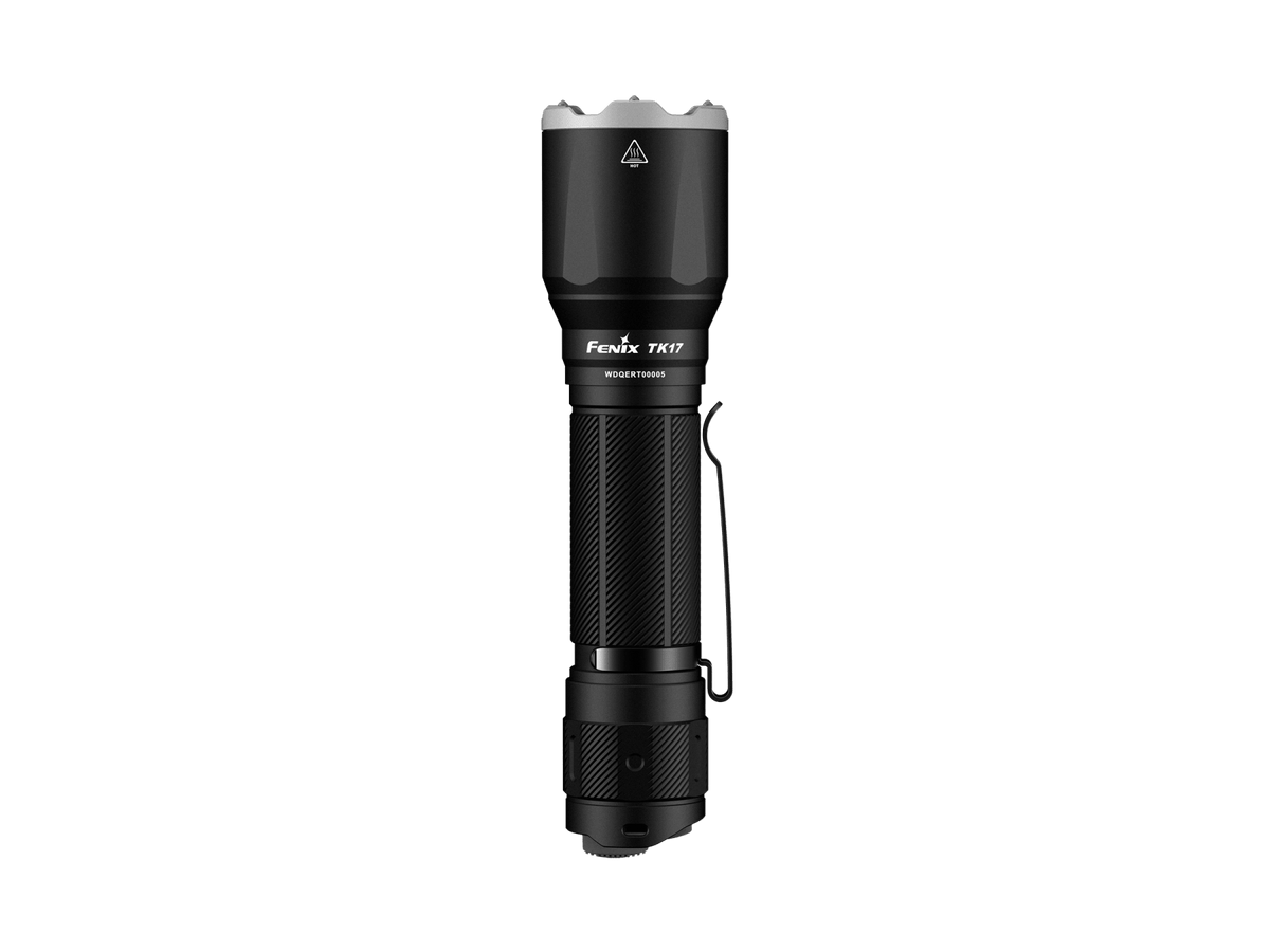 Fenix TK17 Tactical Flashlight with black knurled grip and side clip on Tampa Home & Garden Store
