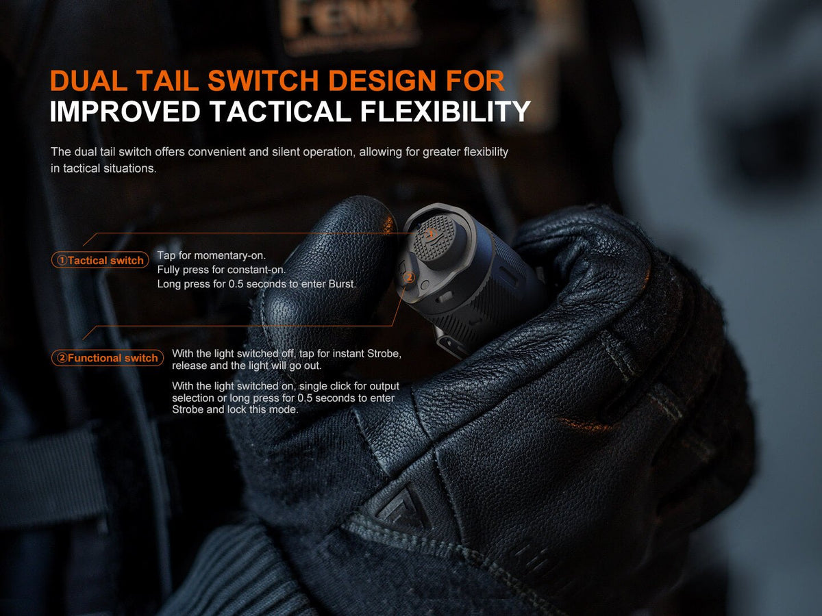 Fenix Store TK17 dual-switch tactical flashlight held in gloved hand, black aluminum handheld torch on Tampa Home & Garden Store