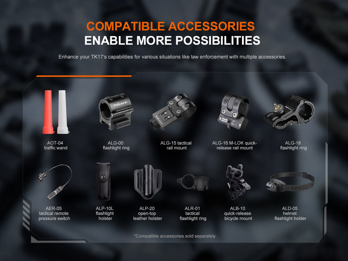 Fenix TK17 Dual Switch tactical flashlight accessories: rings, mounts and holsters in black on Tampa Home & Garden Store