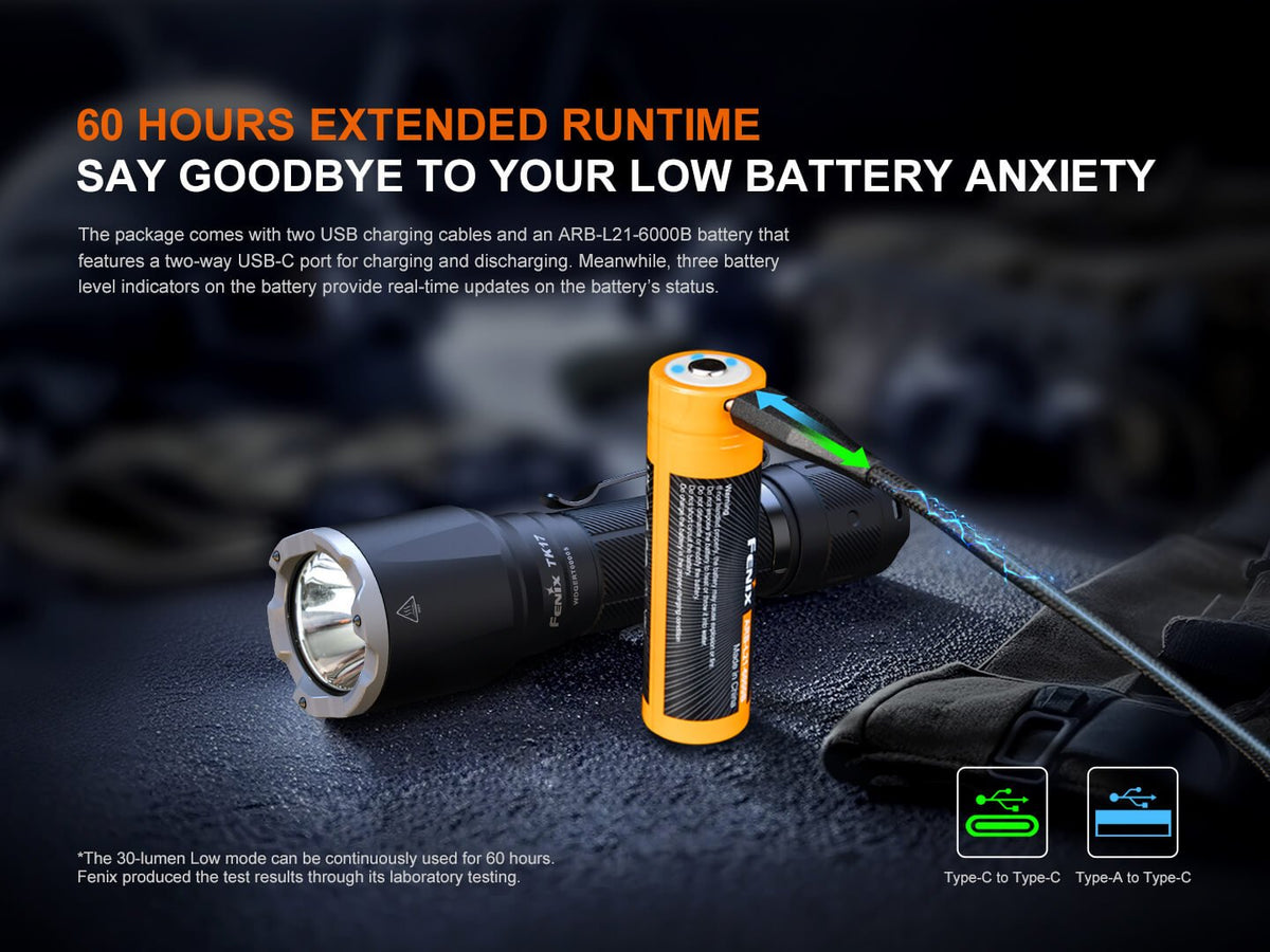 Fenix TK17 Dual Switch tactical flashlight with orange ARB-L21 battery, handheld torch on Tampa Home & Garden Store