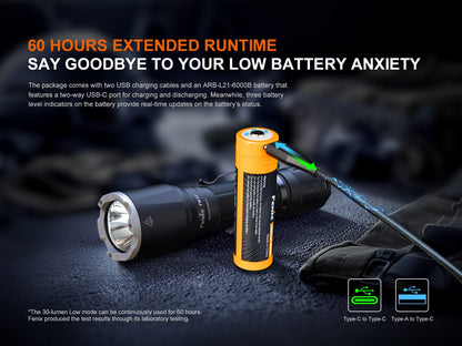 Fenix TK17 Dual Switch tactical flashlight with orange ARB-L21 battery, handheld torch on Tampa Home & Garden Store