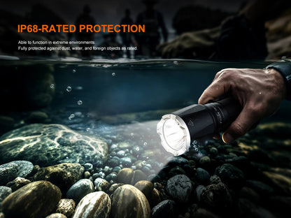 Fenix TK17 Dual Switch Tactical Flashlight, black aluminum handheld torch with silver bezel on Tampa Home & Garden Store