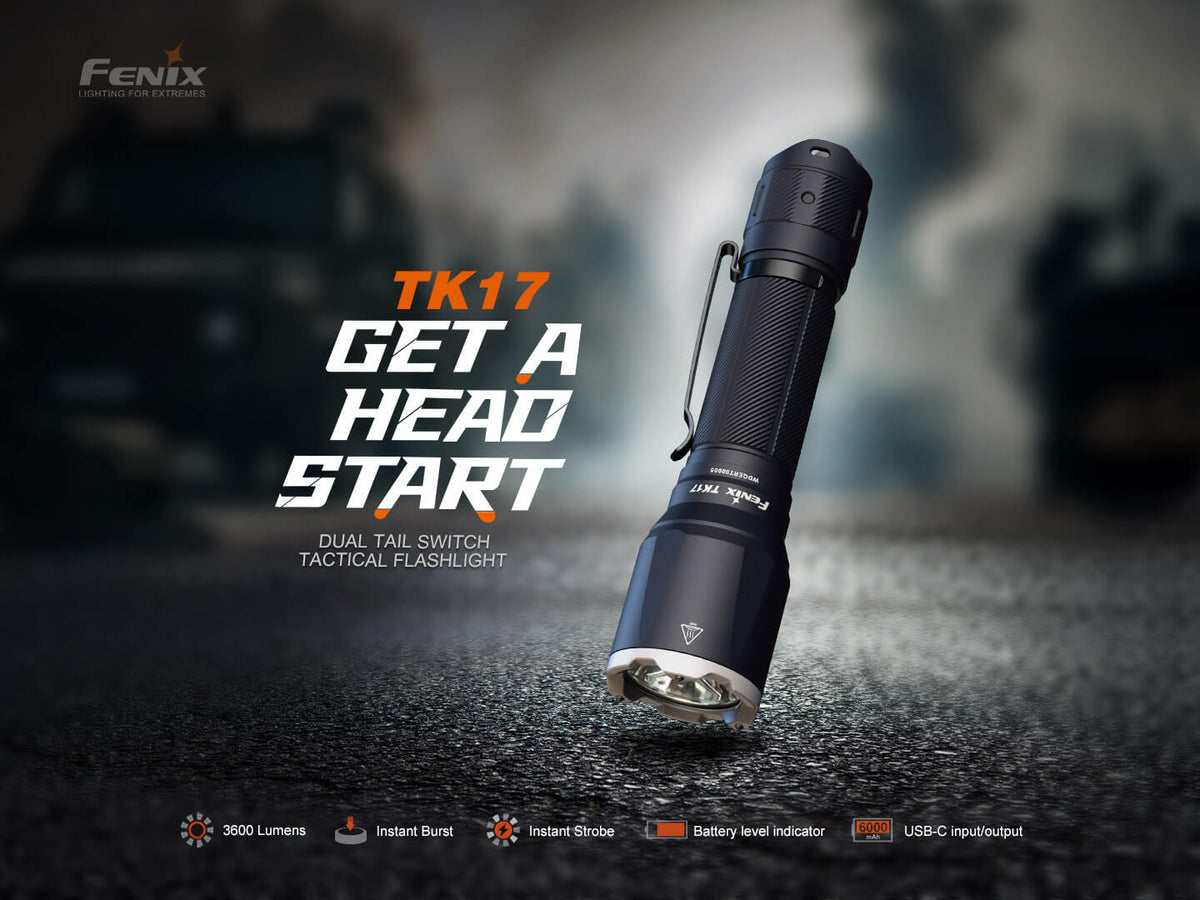 Fenix TK17 dual-switch tactical flashlight handheld torch, black anodized body on Tampa Home & Garden Store