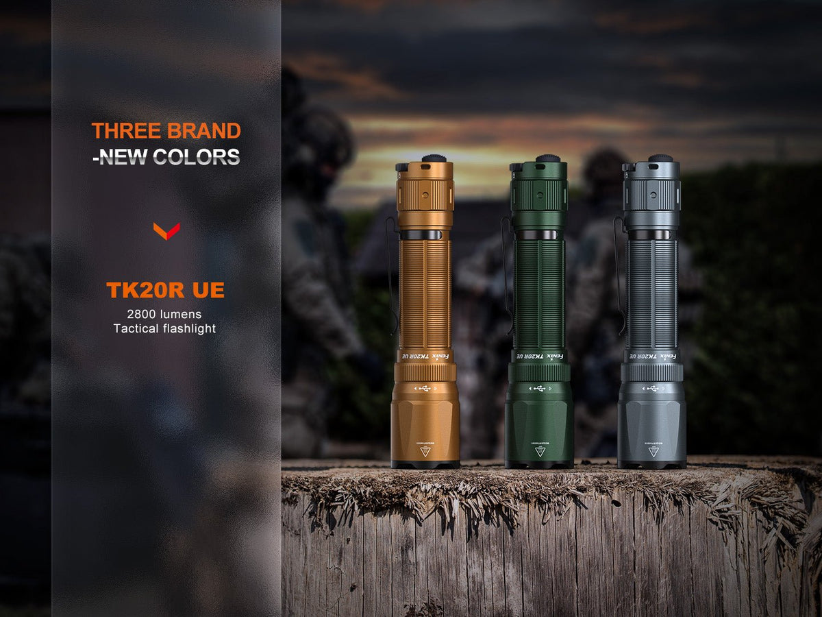 Fenix TK20R UE Tactical Flashlight bronze green gray finishes, 2800 lumens, three-pack wood on Tampa Home & Garden Store