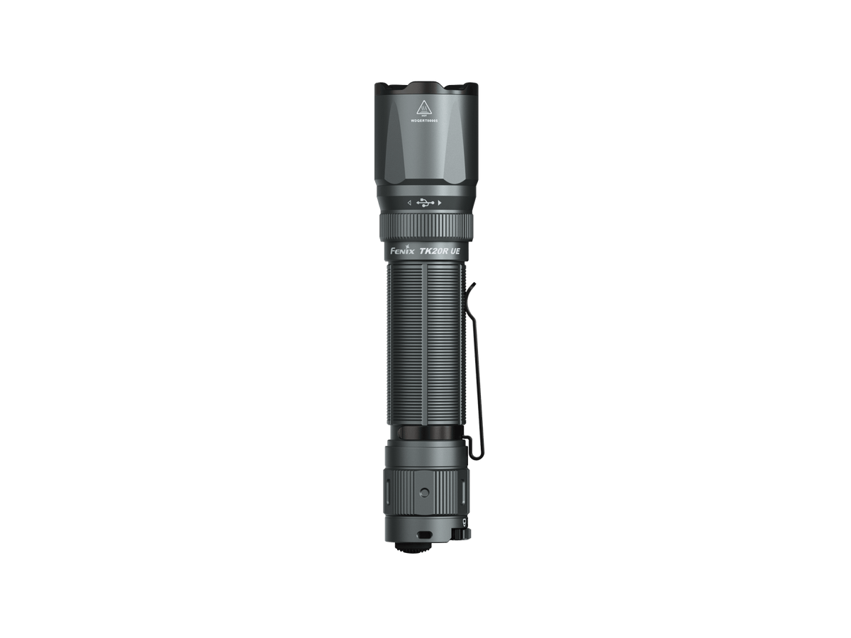 Fenix TK20R UE tactical flashlight with faceted head and knurled gray-black body, lanyard on Tampa Home & Garden Store