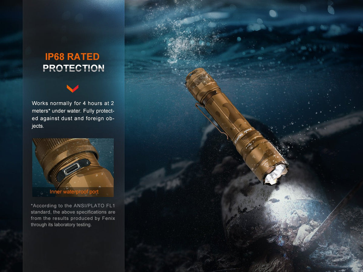 Tan Fenix TK20R UE tactical flashlight with belt clip shown underwater beside IP68 label on Tampa Home & Garden Store