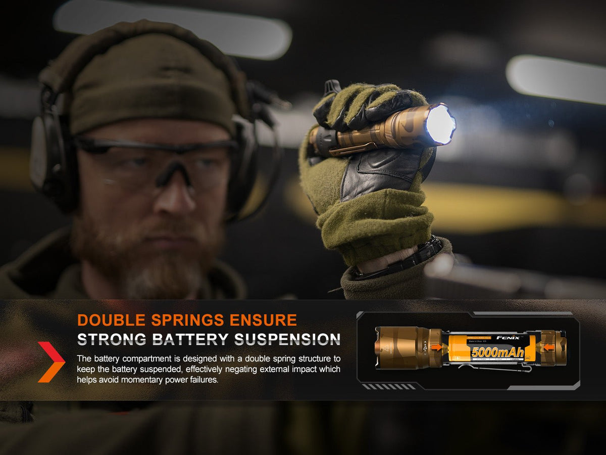 Fenix TK20R UE tactical LED flashlight bronze finish held by gloved hand, 2800-lumen beam on Tampa Home & Garden Store
