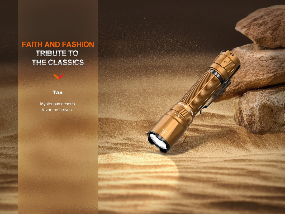 Fenix TK20R UE tactical flashlight, tan anodized aluminum body with clip on desert sand on Tampa Home & Garden Store