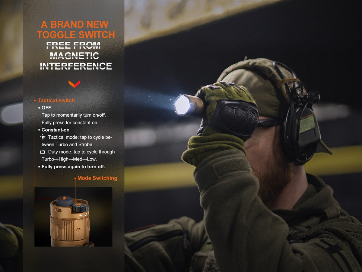 Fenix TK20R UE Tactical LED Flashlight tan body 2800 lumens, handheld with tactical gear on Tampa Home & Garden Store