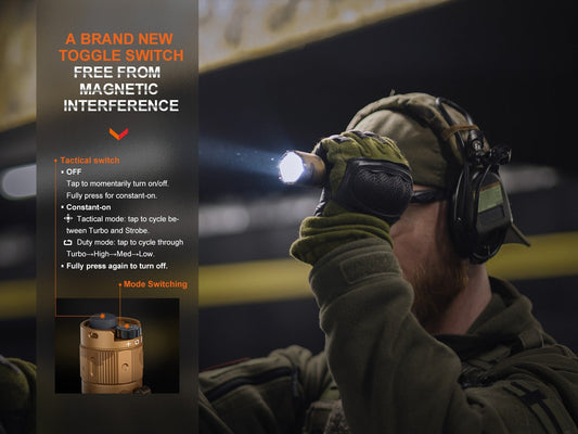 Fenix TK20R UE Tactical LED Flashlight tan body 2800 lumens, handheld with tactical gear on Tampa Home & Garden Store