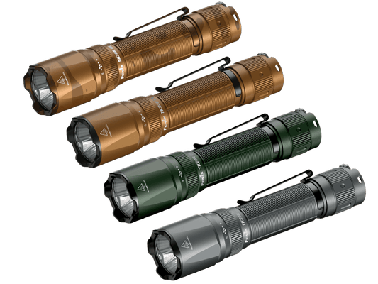 Fenix TK20R UE tactical flashlight set of 4 in bronze, green, and gray with clips on Tampa Home & Garden Store