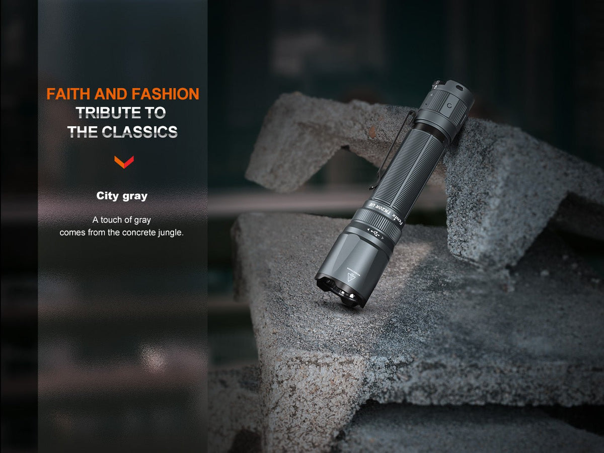 Fenix TK20R UE tactical LED flashlight, 2800 lumens, City gray with textured grip, on concrete on Tampa Home & Garden Store